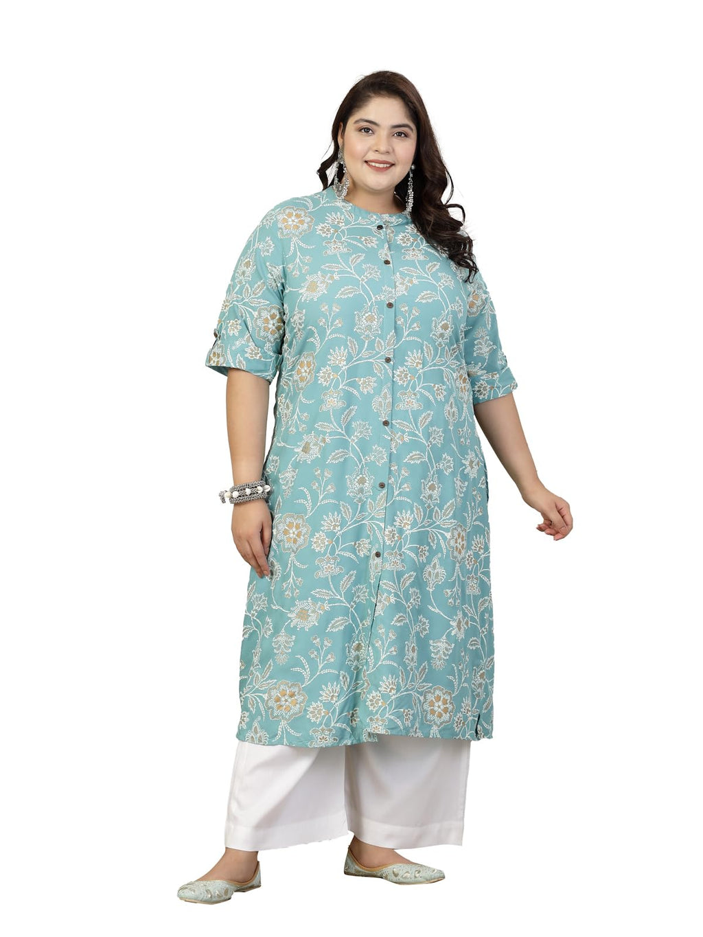 Stylum Plus Size Women Floral Print Rayon A-Line Kurta (FIONAAQUAPLUS52_Aqua, 6XL)