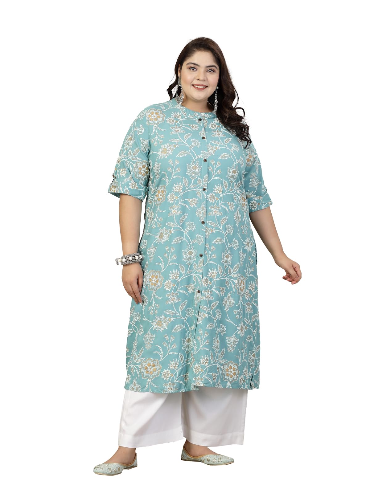 Stylum Plus Size Women Floral Print Rayon A-Line Kurta (FIONAAQUAPLUS52_Aqua, 6XL)