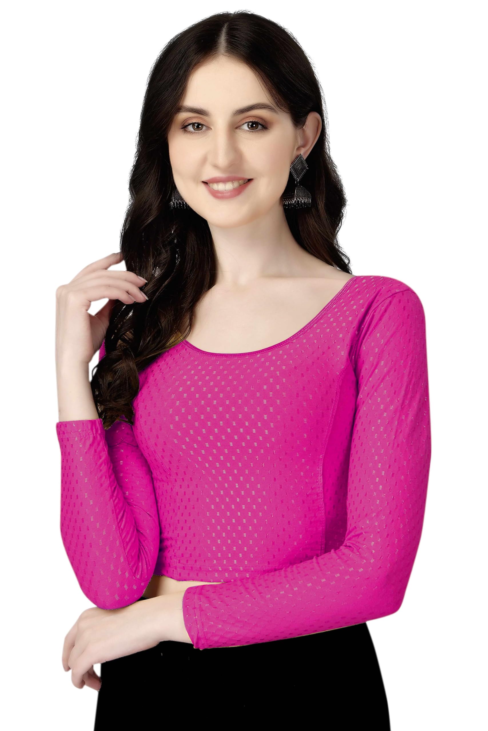 Shiv Textiles Round Neck Dobby Cotton Lycra Stretchable Elbow Sleeve Readymade Saree Blouse For Women Stylish (Pinkfree Size Ful