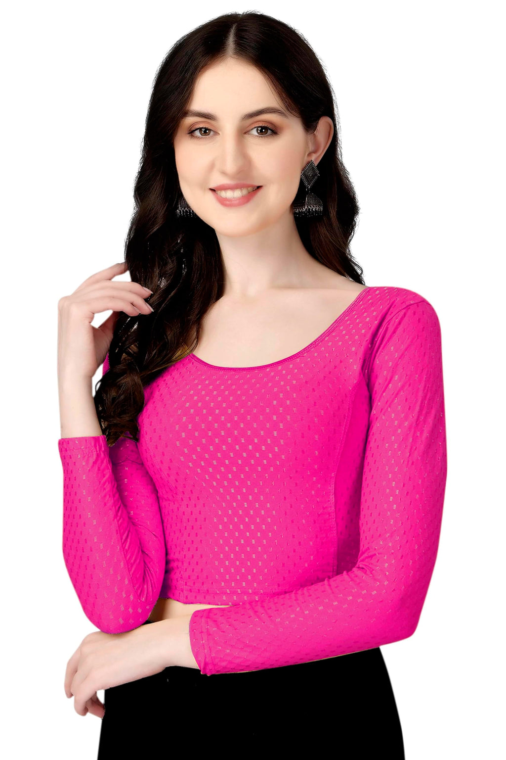Shiv Textiles Round Neck Dobby Cotton Lycra Stretchable Elbow Sleeve Readymade Saree Blouse For Women Stylish (Pinkover Size Ful