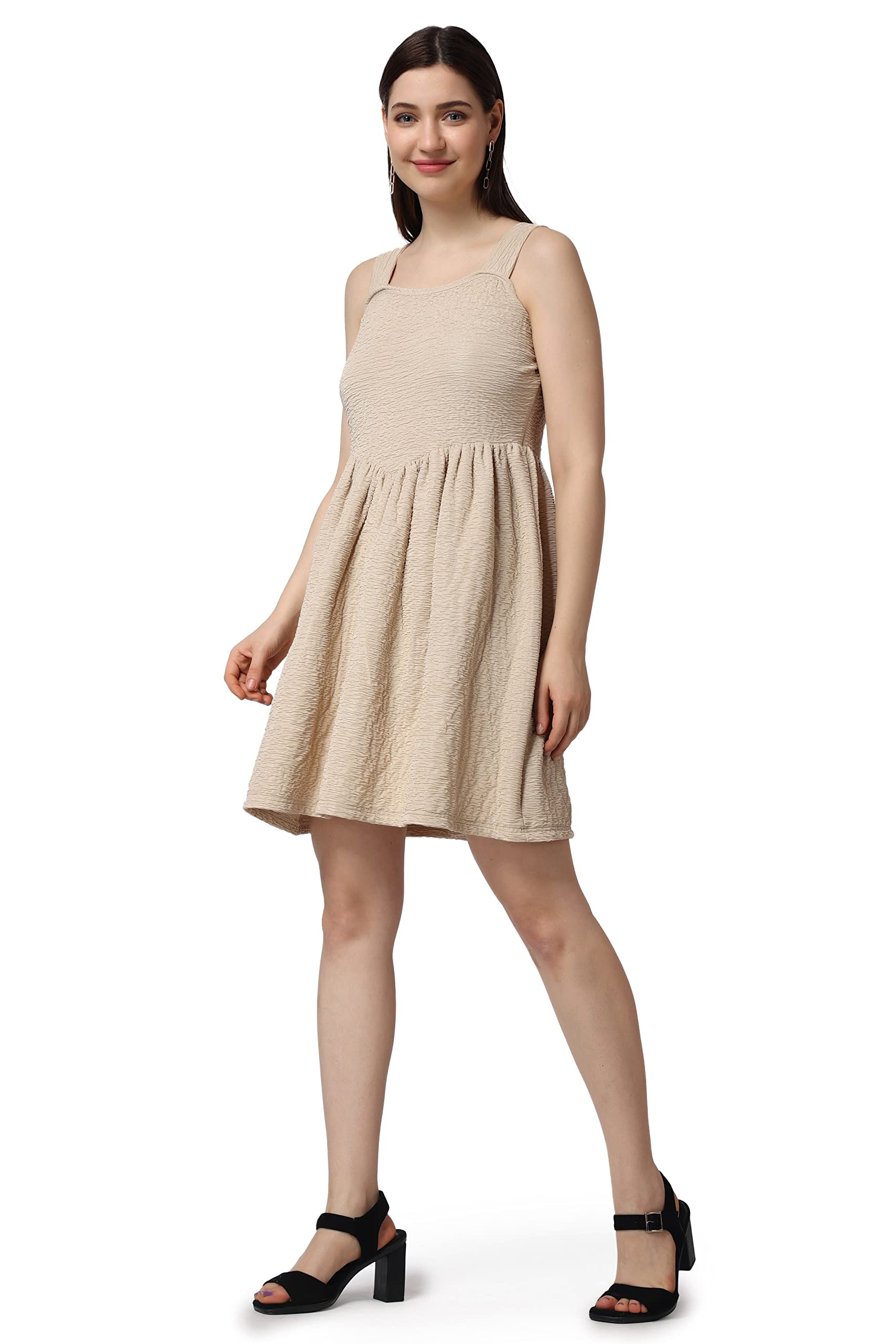Popwings Casual Self Design Crush Dress For Women || Sleeveless Summer Dress For Women || Latest Stylish Knee-Length Women Dress