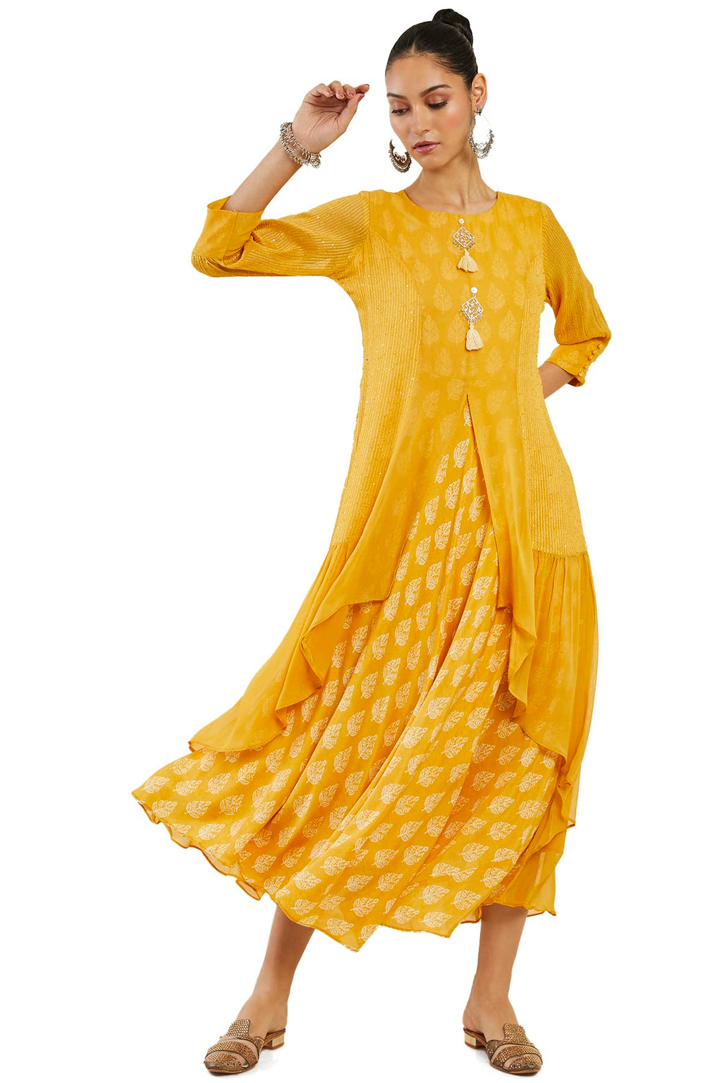 Soch Women Mustard Georgette Printed Dress Kurta(Mustard_M)