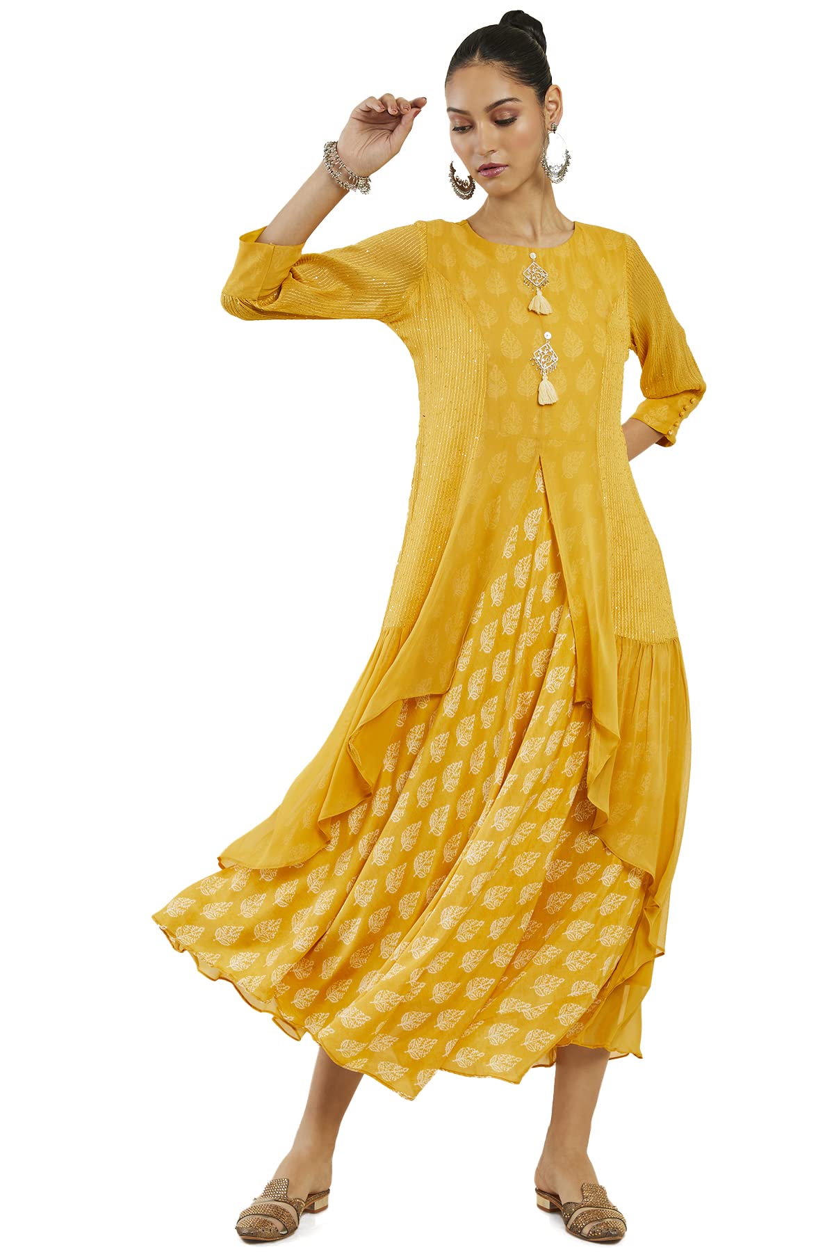 Soch Women Mustard Georgette Printed Dress Kurta(Mustard_M)