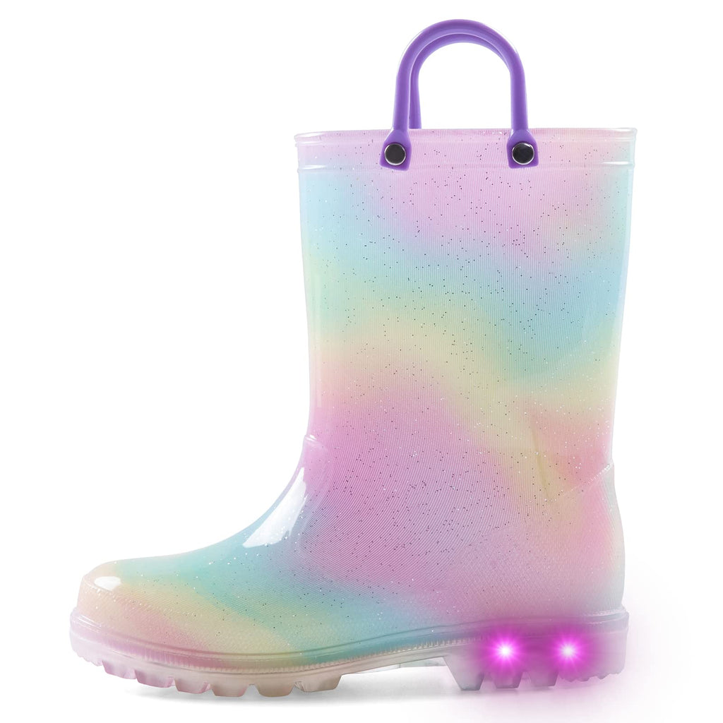 K KomForme Toddler Light Up Rain Boots Patterns and Glitter Rain Boots for Girls Boys with Handles,Aurora Gradient,10