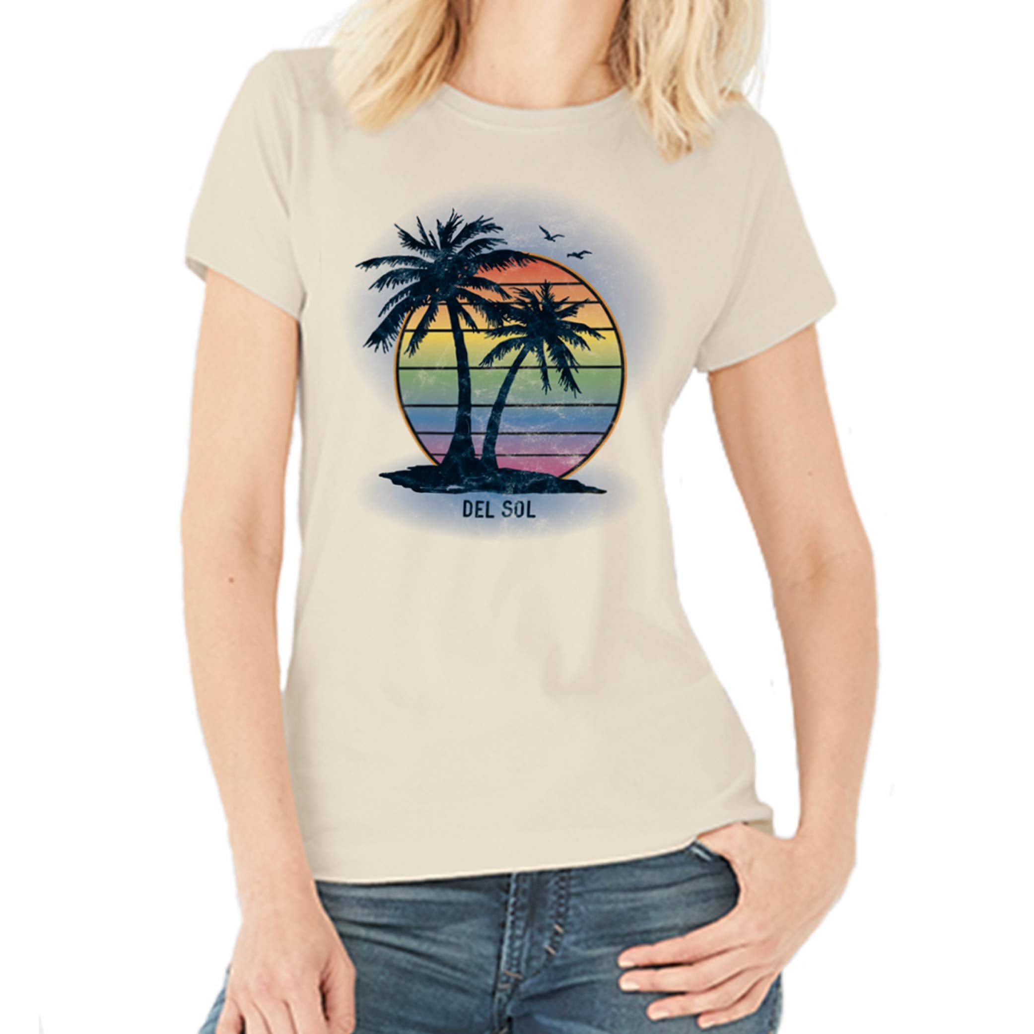 Women Crew Tee - Island Palm Sunset - Beige by DelSol for Women - 1 Pc T-Shirt (Large)