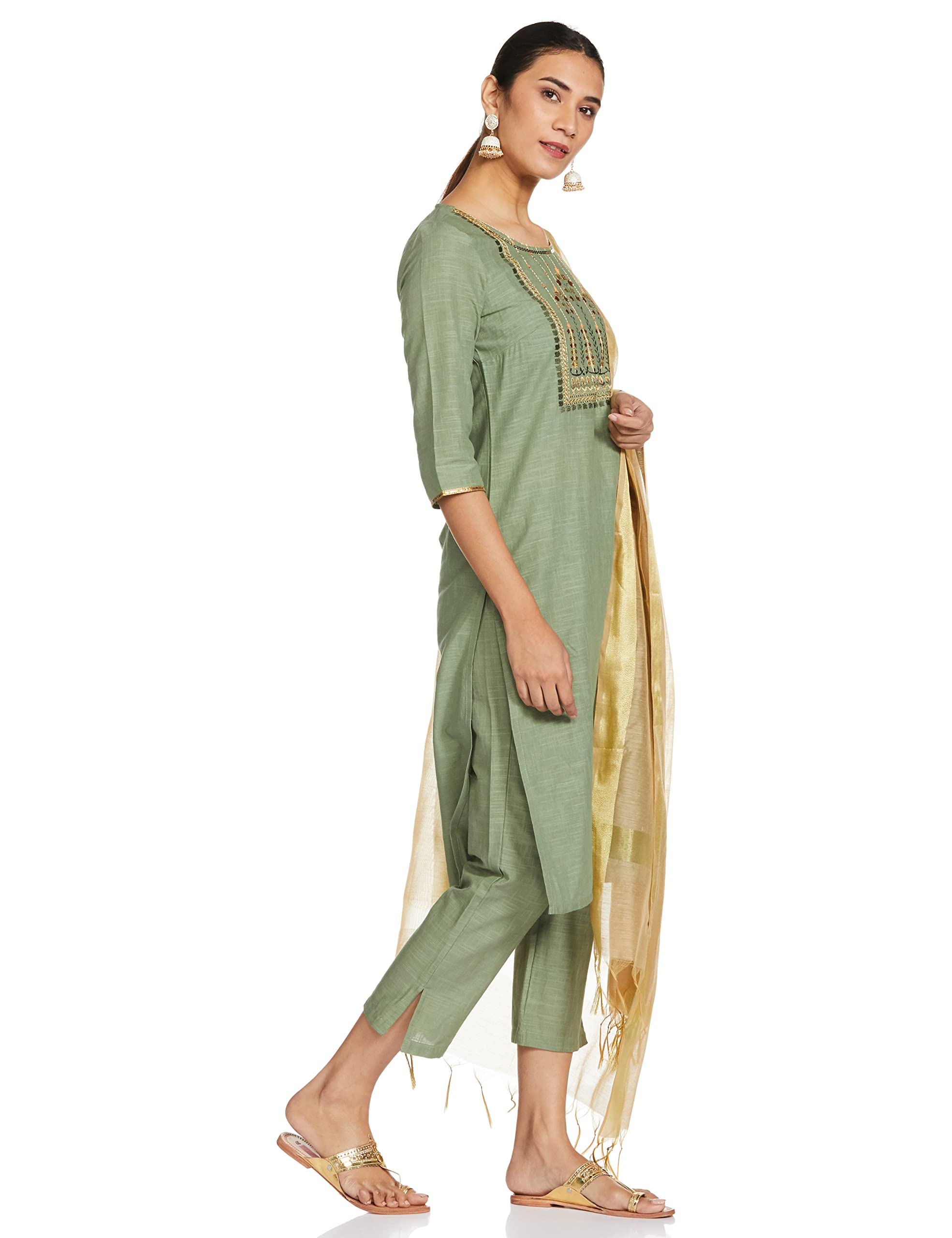 Aurelia Women'S Cotton Green Solid Round Neck Straight Kurta Set