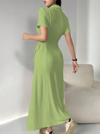 Shasmi Womens Green Solid Color Applique Lace-Up Collared Short Sleeve, Side-Tie Waist Long Casual Maxi Women Dress Outfit Long