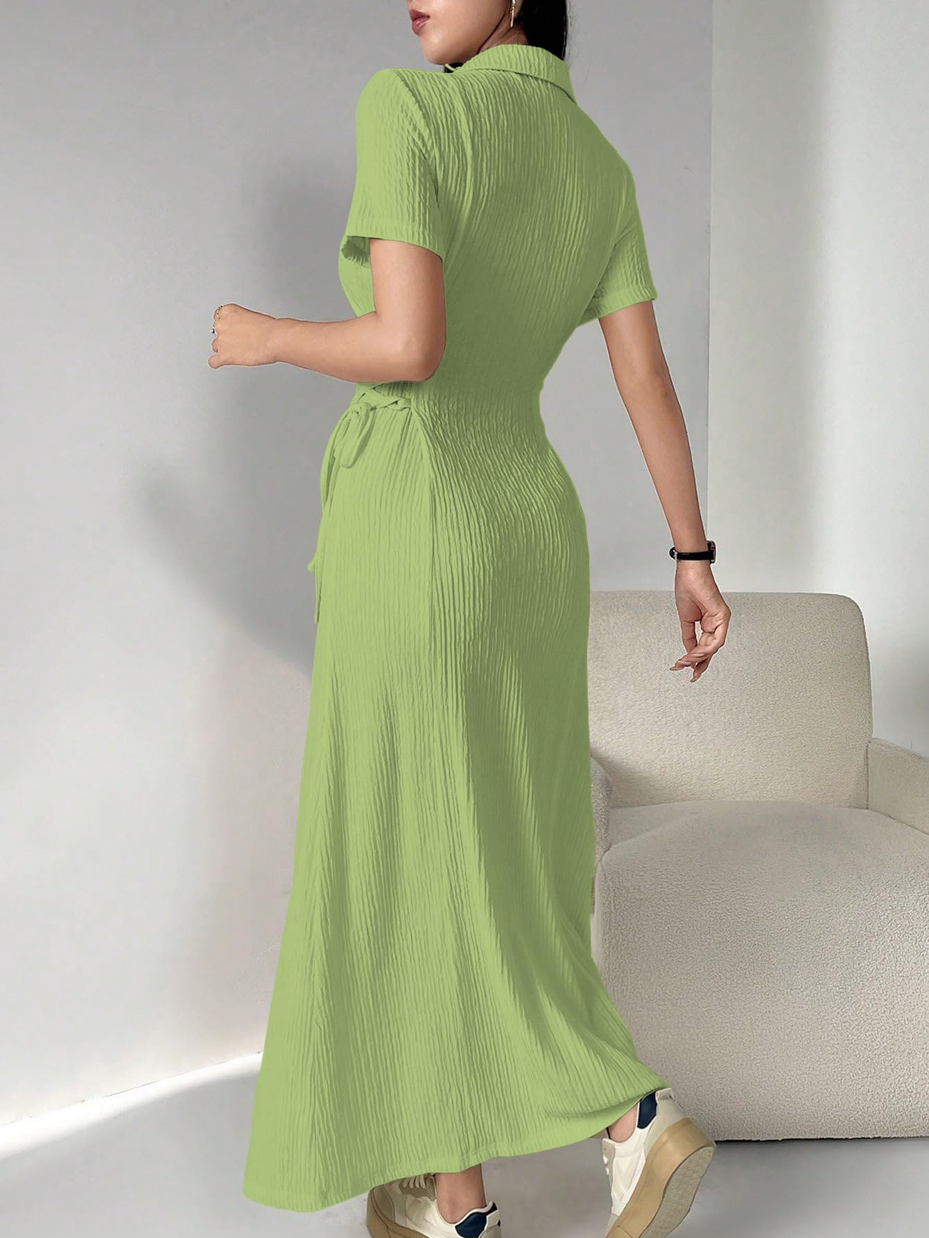 Shasmi Womens Green Solid Color Applique Lace-Up Collared Short Sleeve, Side-Tie Waist Long Casual Maxi Women Dress Outfit Long