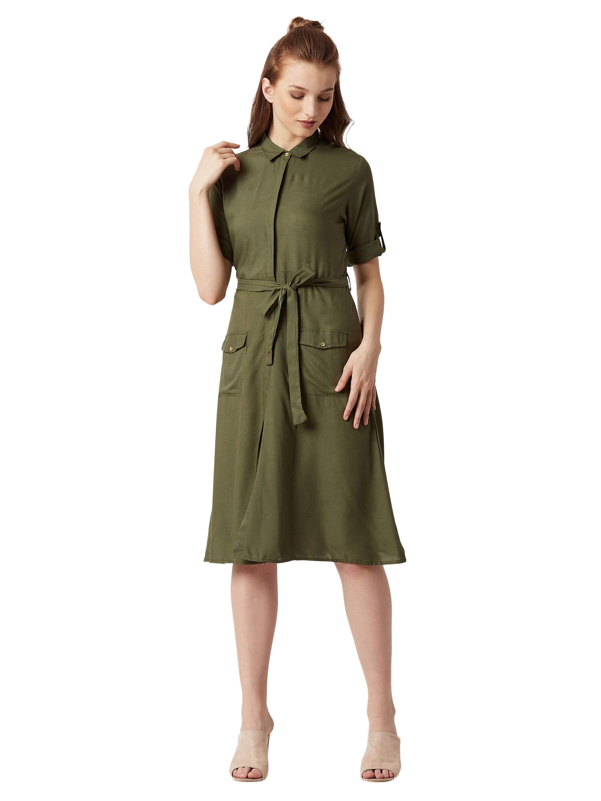 Miss Chase WomenS Olive Green Midi Shirt Dress(Mcaw18D11-74-187-03_Olive Green_Small)