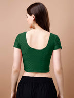 Pujia Mills WomenS Readymade Dobby Cotton Lycra Stretchable Round Neck Short Sleeve Blouse Fancy Green Color Lycra Stretchable