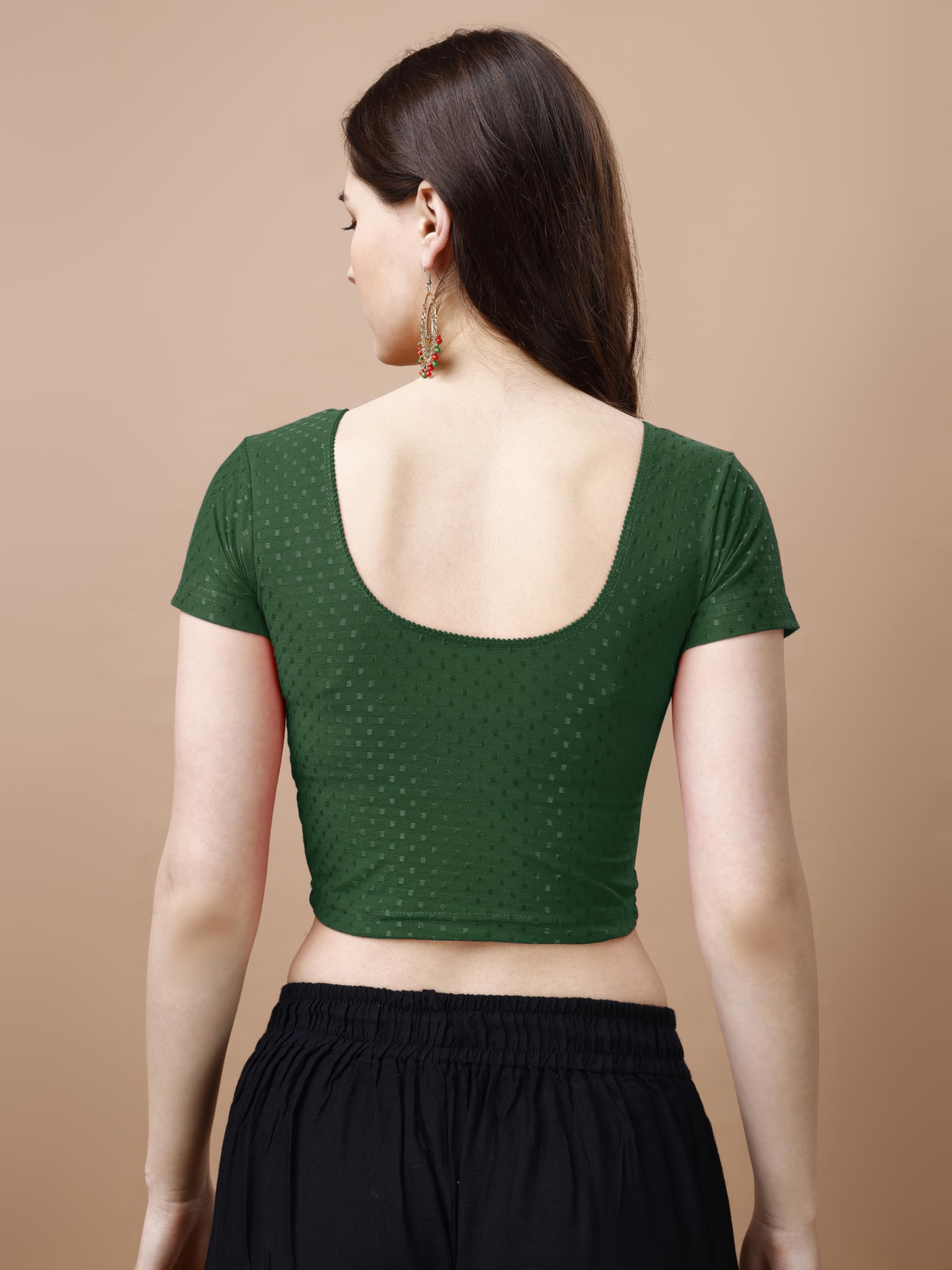 Pujia Mills WomenS Readymade Dobby Cotton Lycra Stretchable Round Neck Short Sleeve Blouse Fancy Green Color Lycra Stretchable