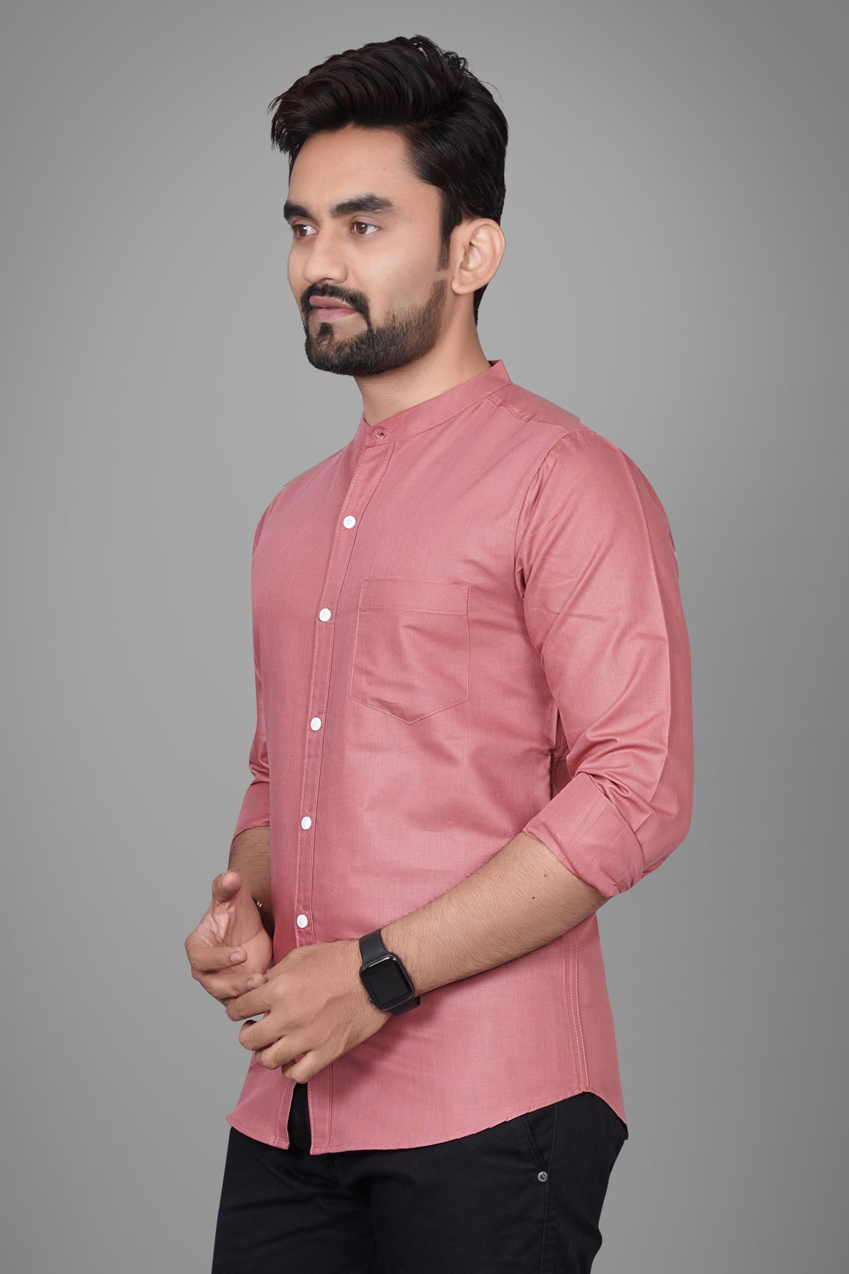 Besix MenS Regular Fit Solid Cotton Shirt | Chinese Collar | Casual | Plain | Branded | Mandarin Collar | Full Sleeve | Summer