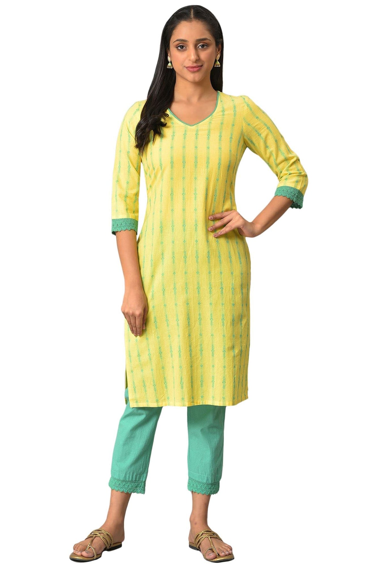 Aurelia Womens Solid Regular Yellow Cotton Dobby V-Neck Kurta (23FEA13789-702020