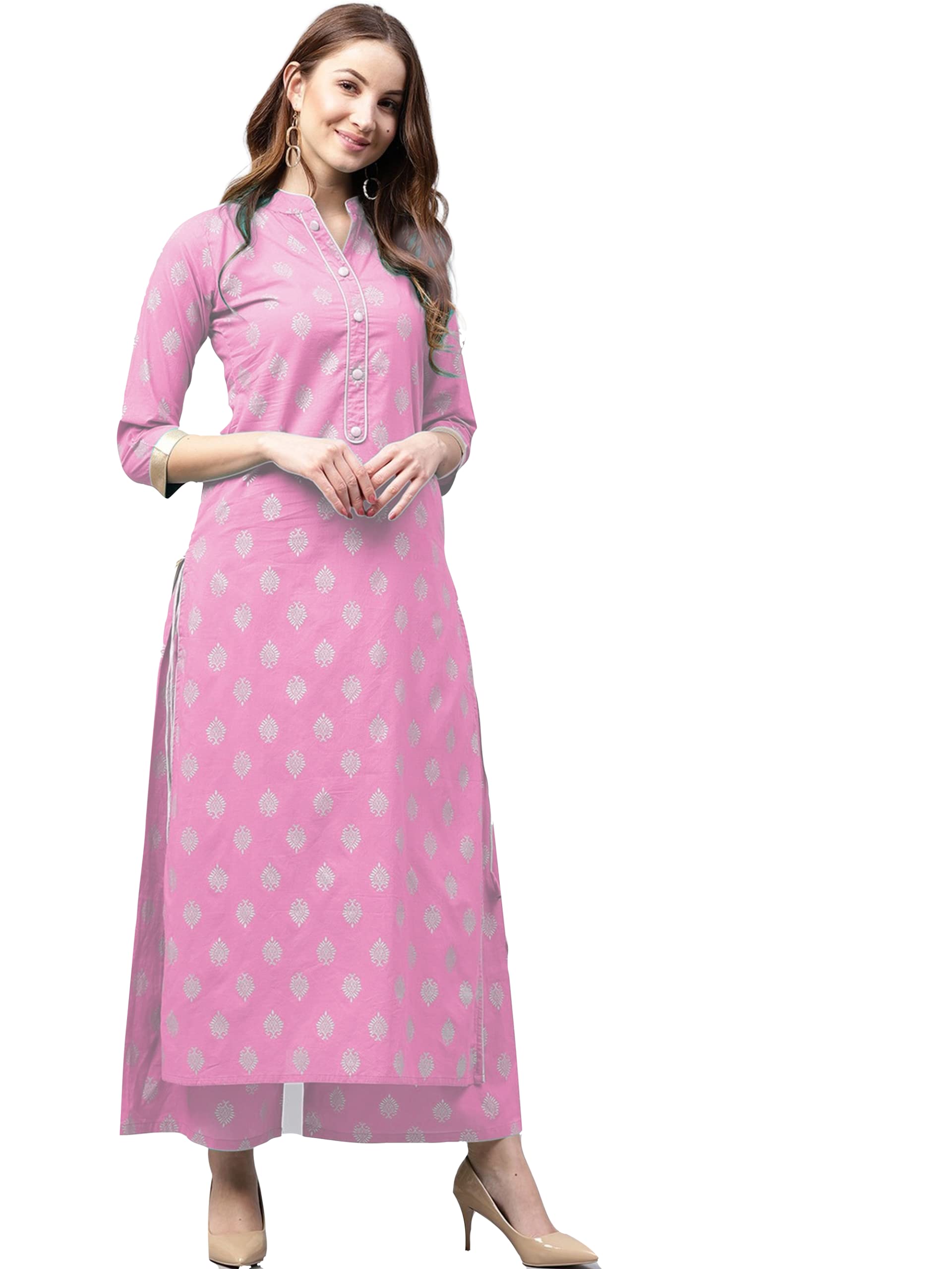 ANNI DESIGNER Womens Cotton Straight Kurta with Palazzo Set (PARBEEN Pink_S_Pink_Small)