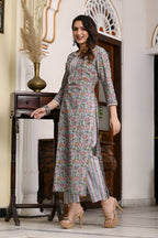 Gosriki Women'S Cotton Blend Printed Straight Kurta With Pant (Dawai Green-Snw-Gs)