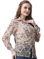 POPWINGS Printed Full-Sleeves Regular-Fit Polyester Printed Shirt for Women Stylish Western Casual Wear Beige