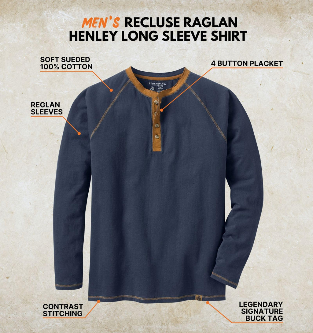 Legendary Whitetails Men's Recluse Henley Long Sleeve Brushed Cotton Shirt, Navy, Medium