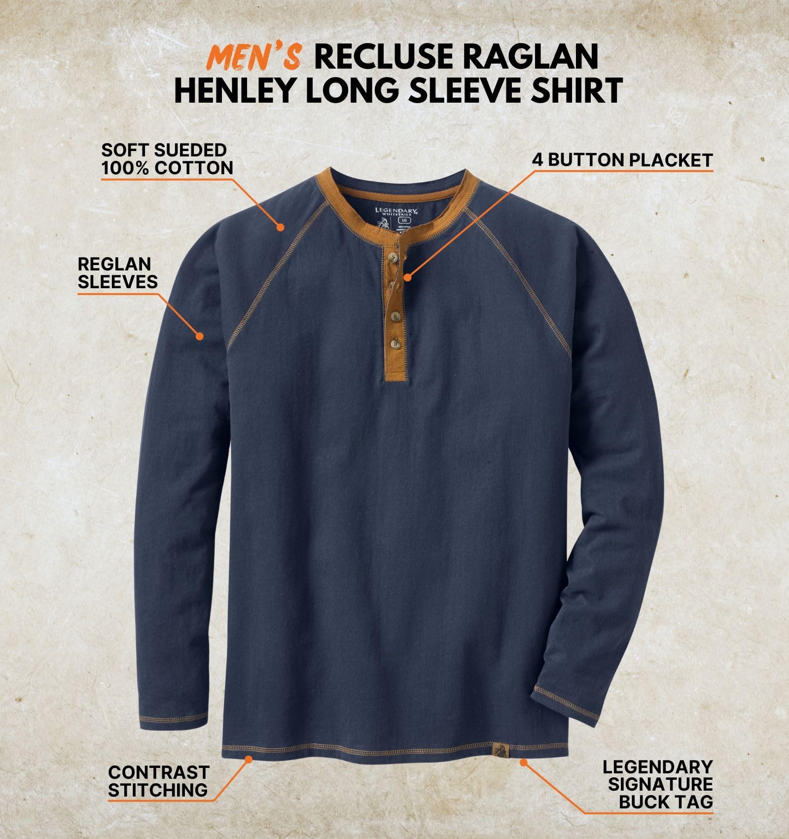 Legendary Whitetails Men's Recluse Henley Long Sleeve Brushed Cotton Shirt, Navy, Medium