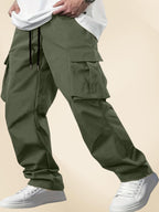 Indoprimo MenS Cotton Trousers Cargo Style With Drawstring Both Side Pockets Solid Pattern Regular Fit And Long Length Green