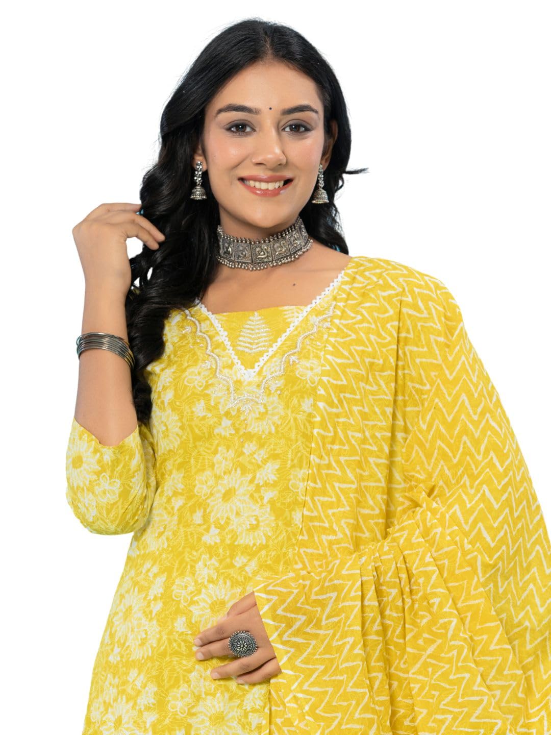 rytras Womens Cotton Printed Straight Kurta with Palazzo Pant and Dupatta Set(RYT569,Yellow,3XL)