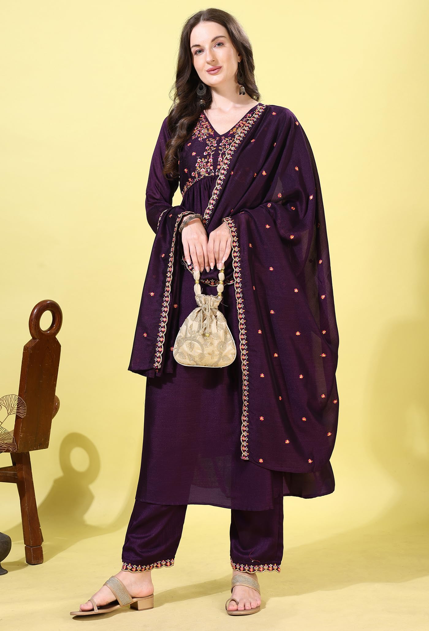 Pratham Blue WomenS Silk Embroidered Anarkali Kurta Palazzos With Dupatta |Kurta Sets For Women |Women Kurta | Women Embroidere