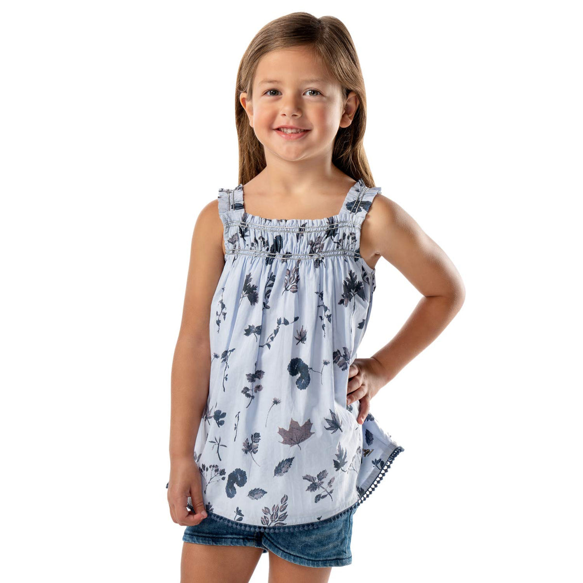 Cherry Crumble Blue Floral Printed 100% Cotton Sleeveless Square Neck Casual Wear Regular Fit Floral Print Summer Top for Girls 18-24