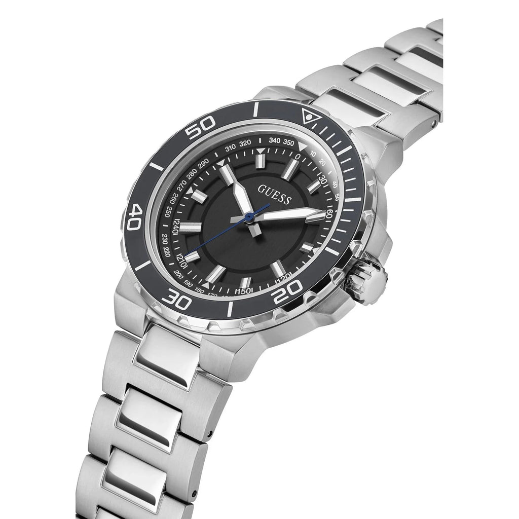GUESS Men's Sport Diver-Inspired 44mm Watch - Black Dial Silver-Tone Stainless Steel Case & Bracelet
