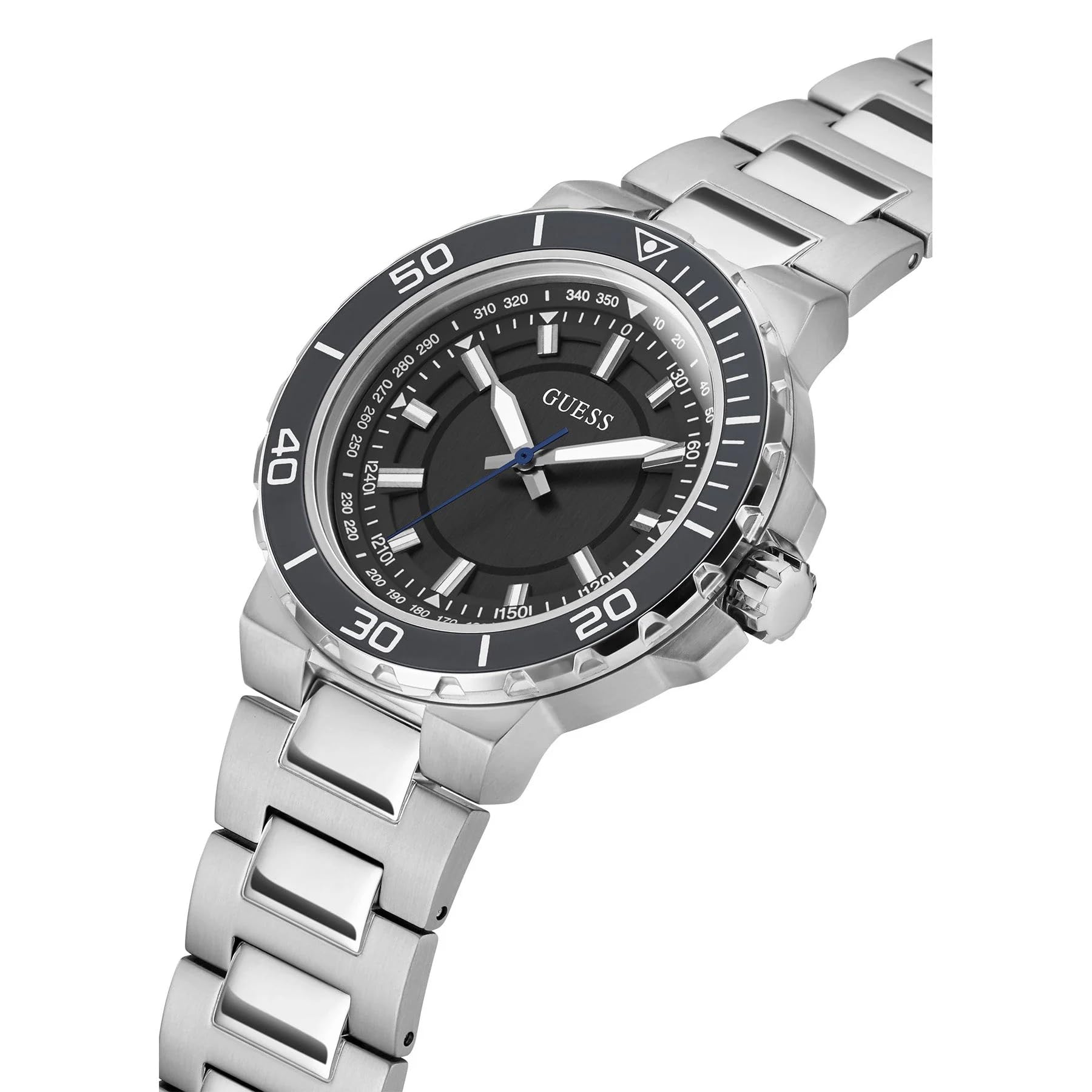 GUESS Men's Sport Diver-Inspired 44mm Watch - Black Dial Silver-Tone Stainless Steel Case & Bracelet