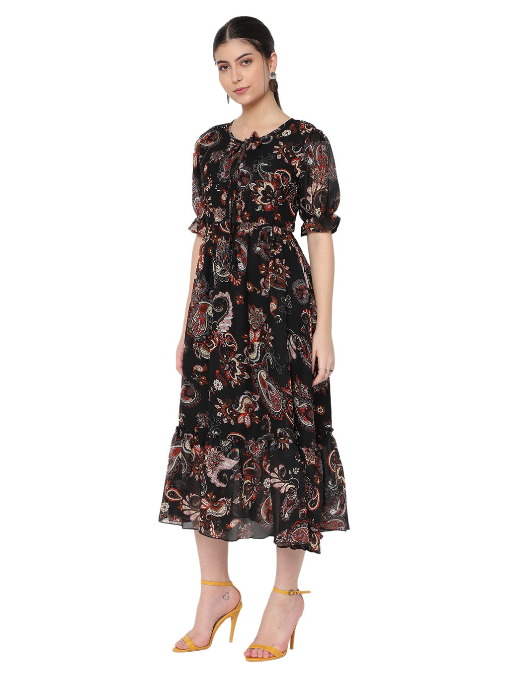 Avanova Georgette Black Round Neck Maxi Western Dresses For Women (Dress 81 Black S)