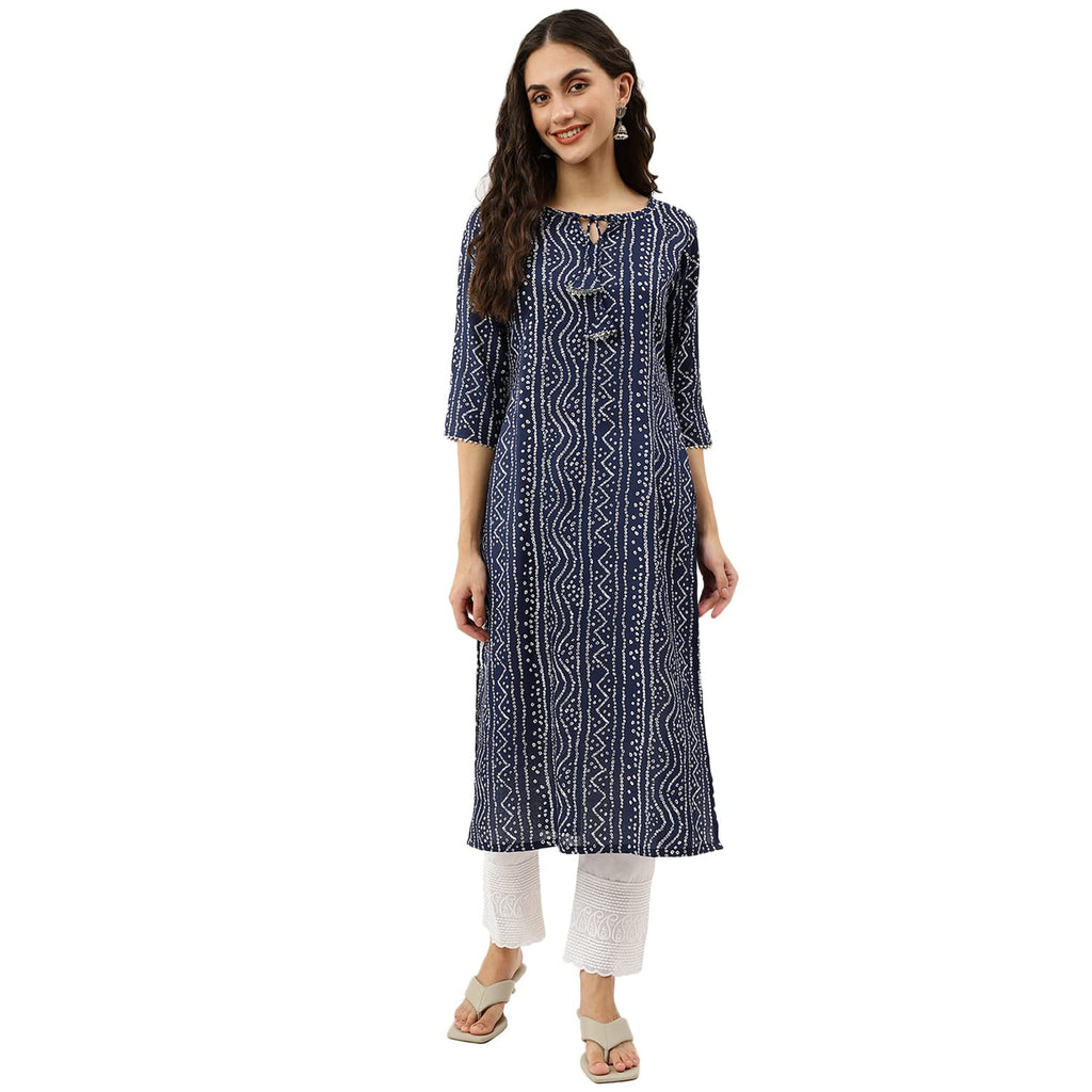 NAINVISH Womens Cotton Blend Straight Round Neck Printed Kurta (SD358_K-XL_Blue)