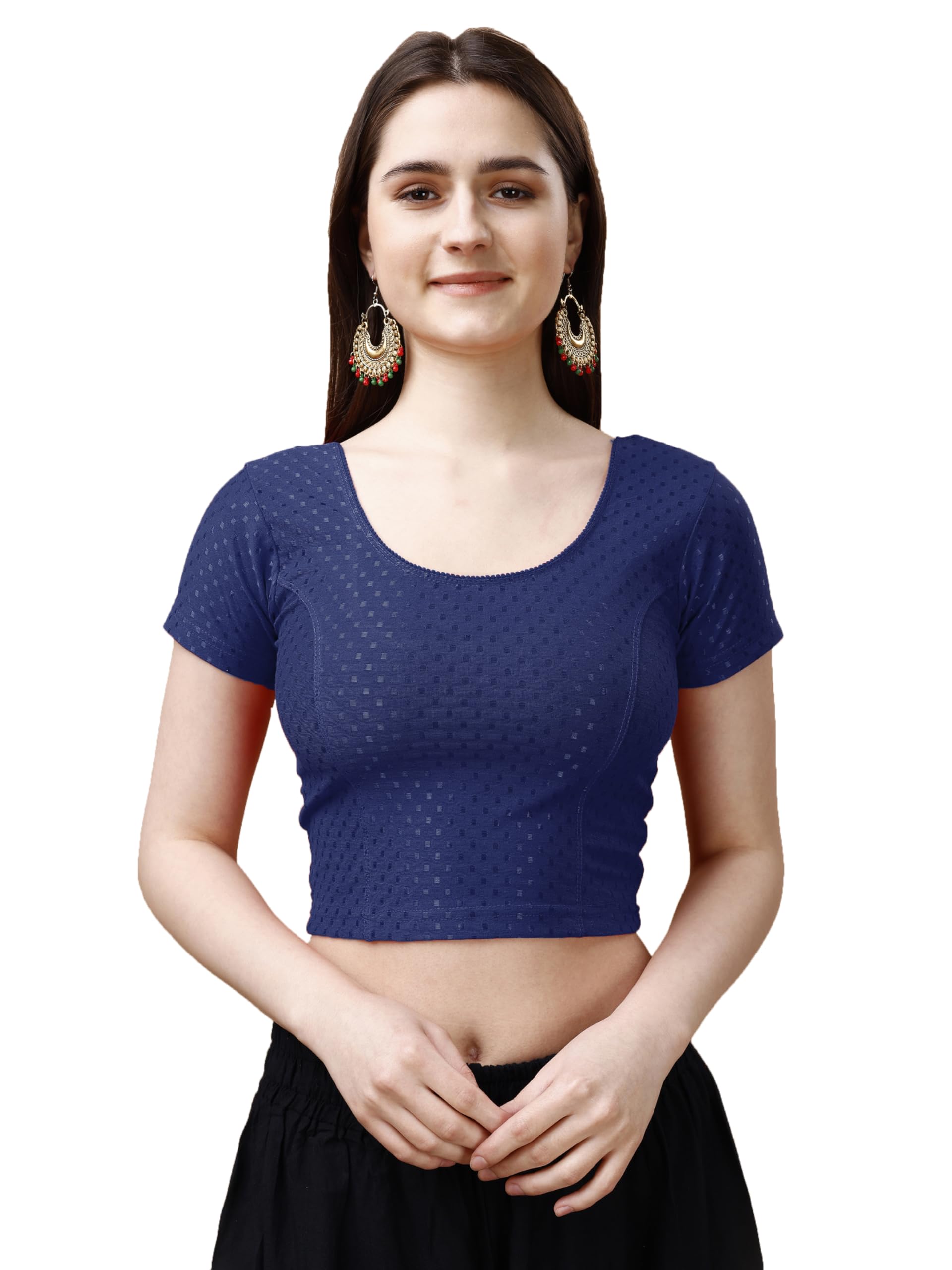 Pujia Mills WomenS Readymade Dobby Cotton Lycra Stretchable Round Neck Short Sleeve Blouse Fancy Navy Blue Color Lycra Stretcha