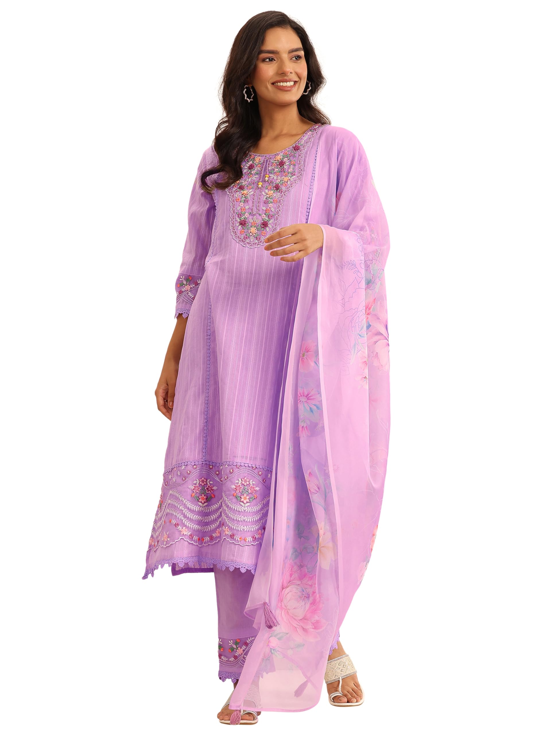 Libas Womens Embroidered Cotton Blend A-Line Kurta With Trousers And Dupatta