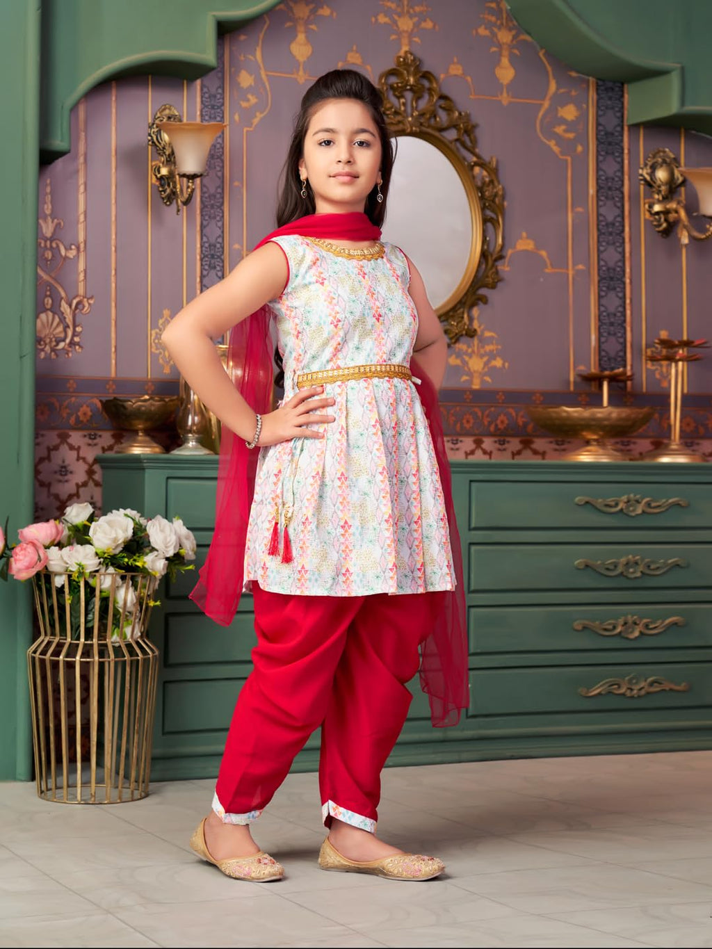 Aarika Girls Ethnic Wear Maroon-White Colour Sequin Embroidery Lace Work Polycrepe Kurti Patiala Set With Dupatta-3-13 Years (Pt