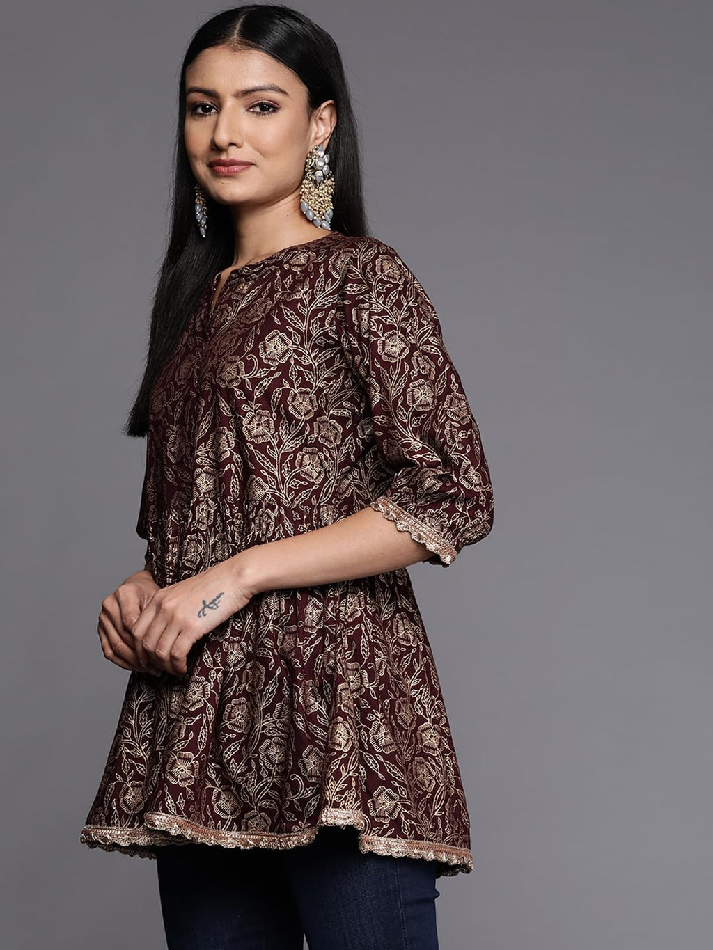 Libas Purple Printed Rayon A-Line Kurti