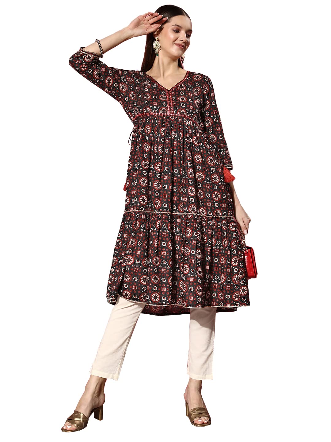 Ishin Women'S Viscose Rayon Black Ethnic Motifs Anarkali Flared Kurta