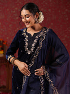 ishin Womens Velvet Embroidered Navy Blue Straight Kurta Suit Set with Trousers and Dupatta