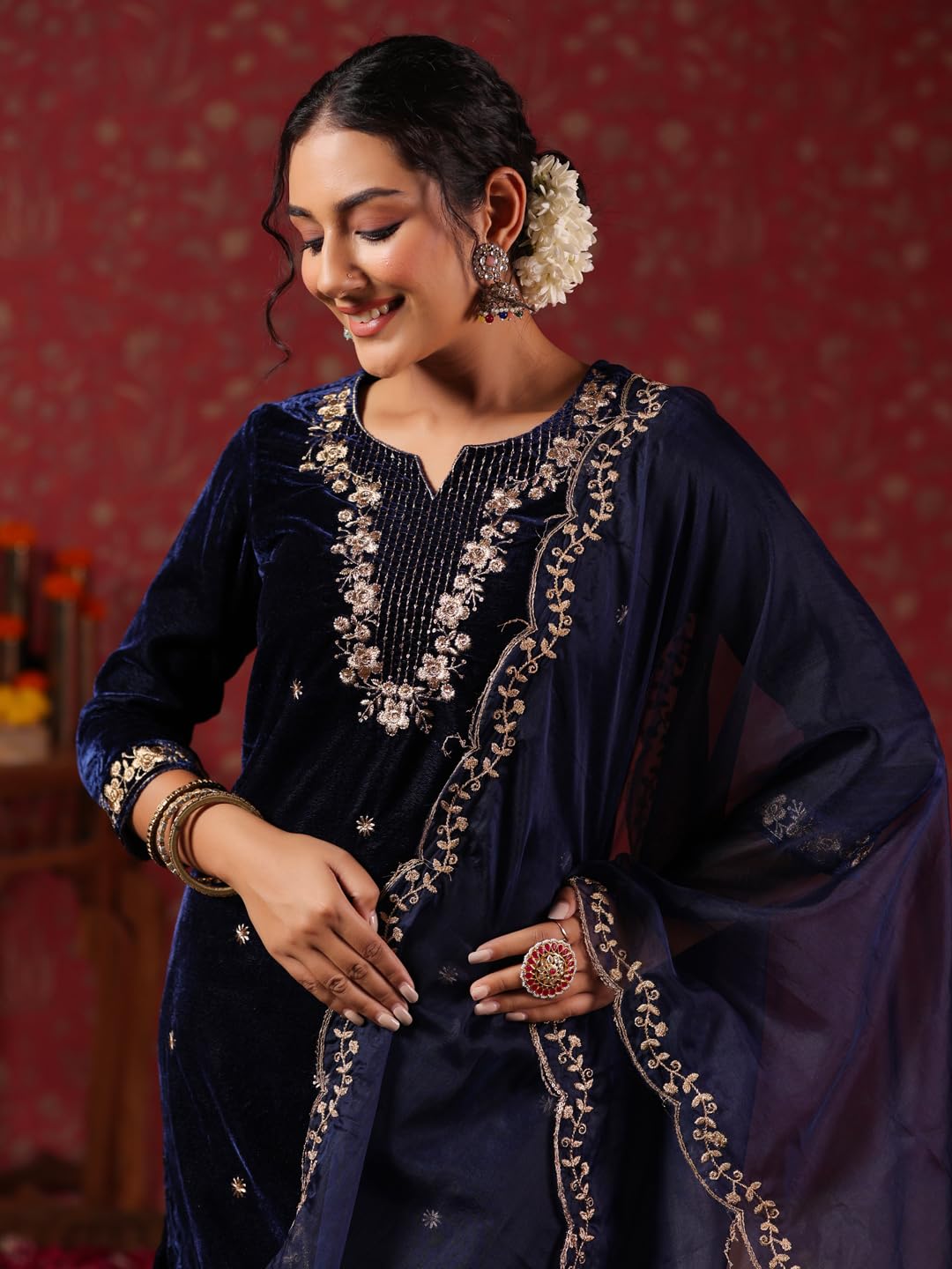 ishin Womens Velvet Embroidered Navy Blue Straight Kurta Suit Set with Trousers and Dupatta