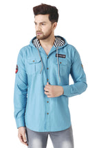 Besix MenS Blue Tailored Fit Cotton Blend Shirt For Man With Hoodie - Casual Long Sleeve Shirt With Pockets - Patch Detail For 