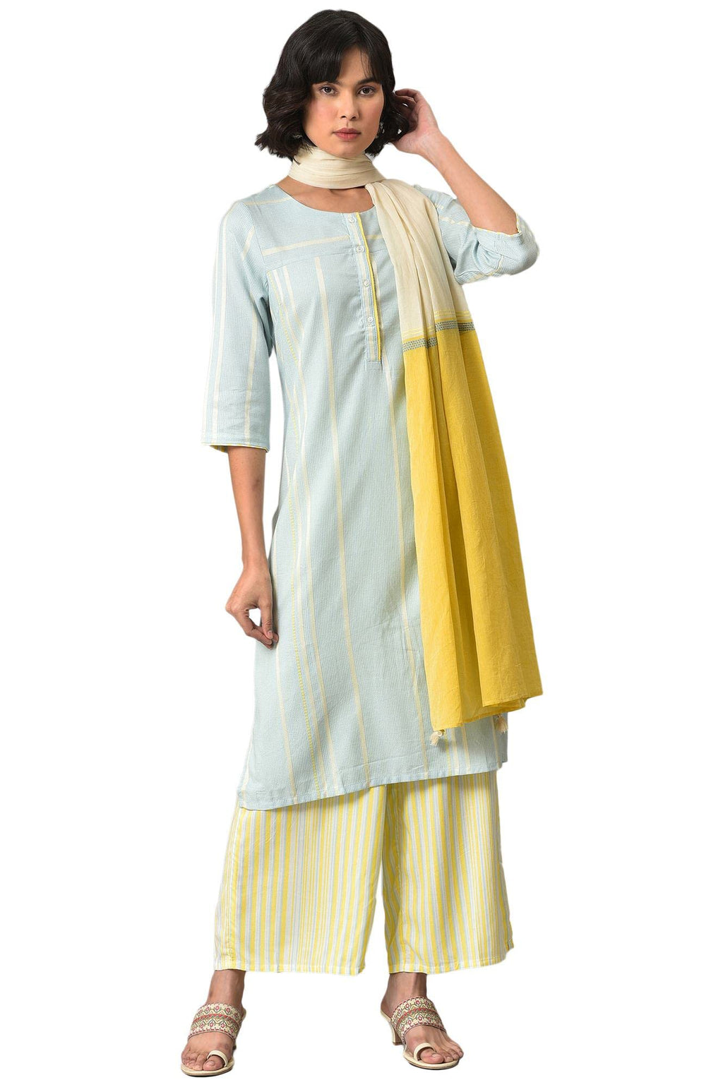 W For Woman W Light Blue Vertical Striped Women'S Kurta Dupatta Bottomwear