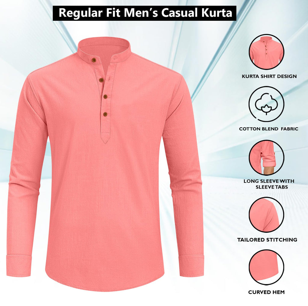 Zombom MenS Cotton Blend Solid Full Sleeve Short Kurta Shirt With Mandarin Collar Peach