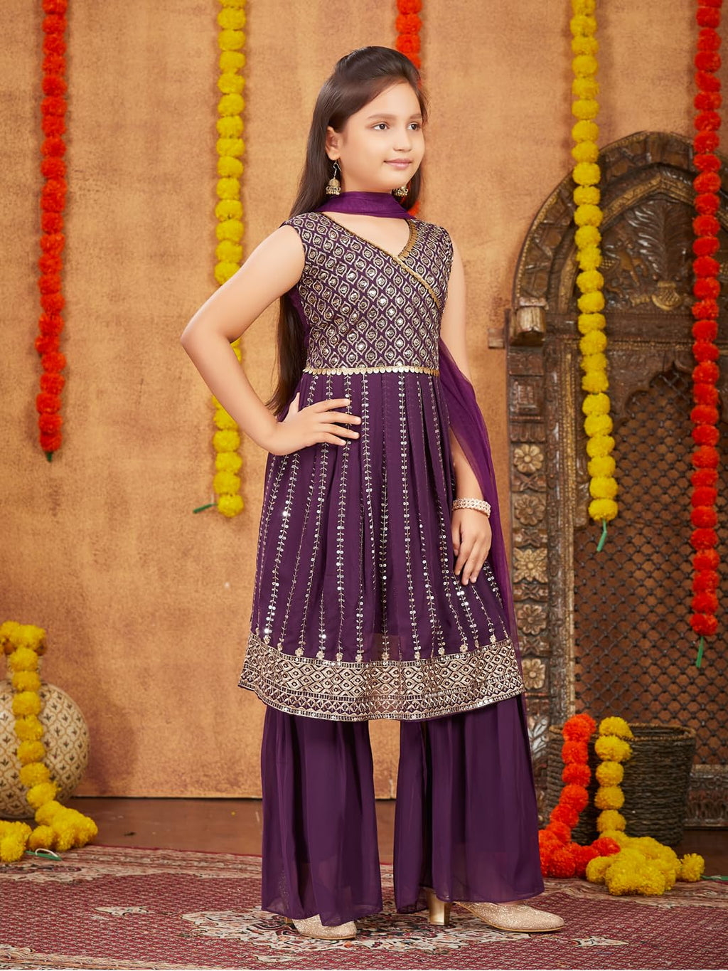 Aarika Girls Ethnic Wear Purple Colour Sequins Zari Embroidery Georgette Kurti Sharara Set (6-16 Years)