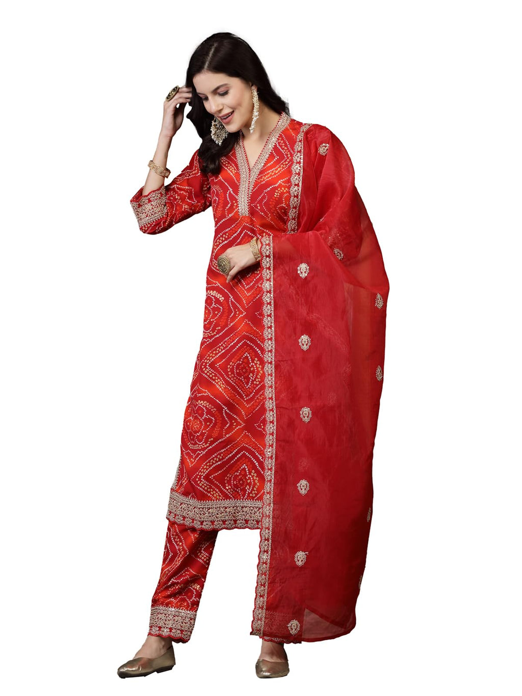Stylum Womens Bandhani Print & Embroidered Muslin Straight Kurta Pant Dupatta Set (KPDREDBANNO42_Red, XL)