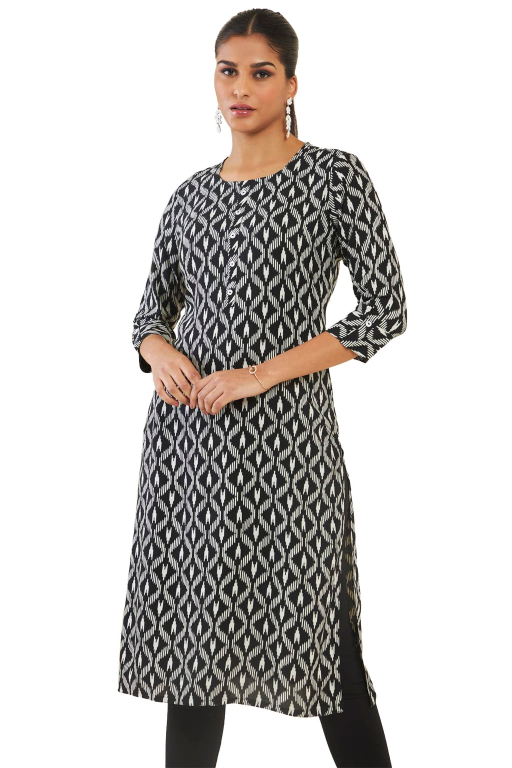 Soch Women Black Rayon Geometric Kurta (8907715946468_Black_M)