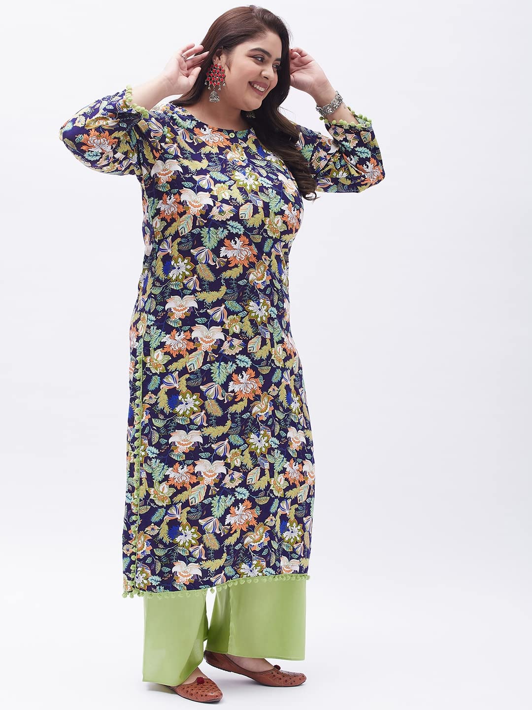 Tissu WomenS Plus Size Blue & Green Printed Kurta With Palazzo