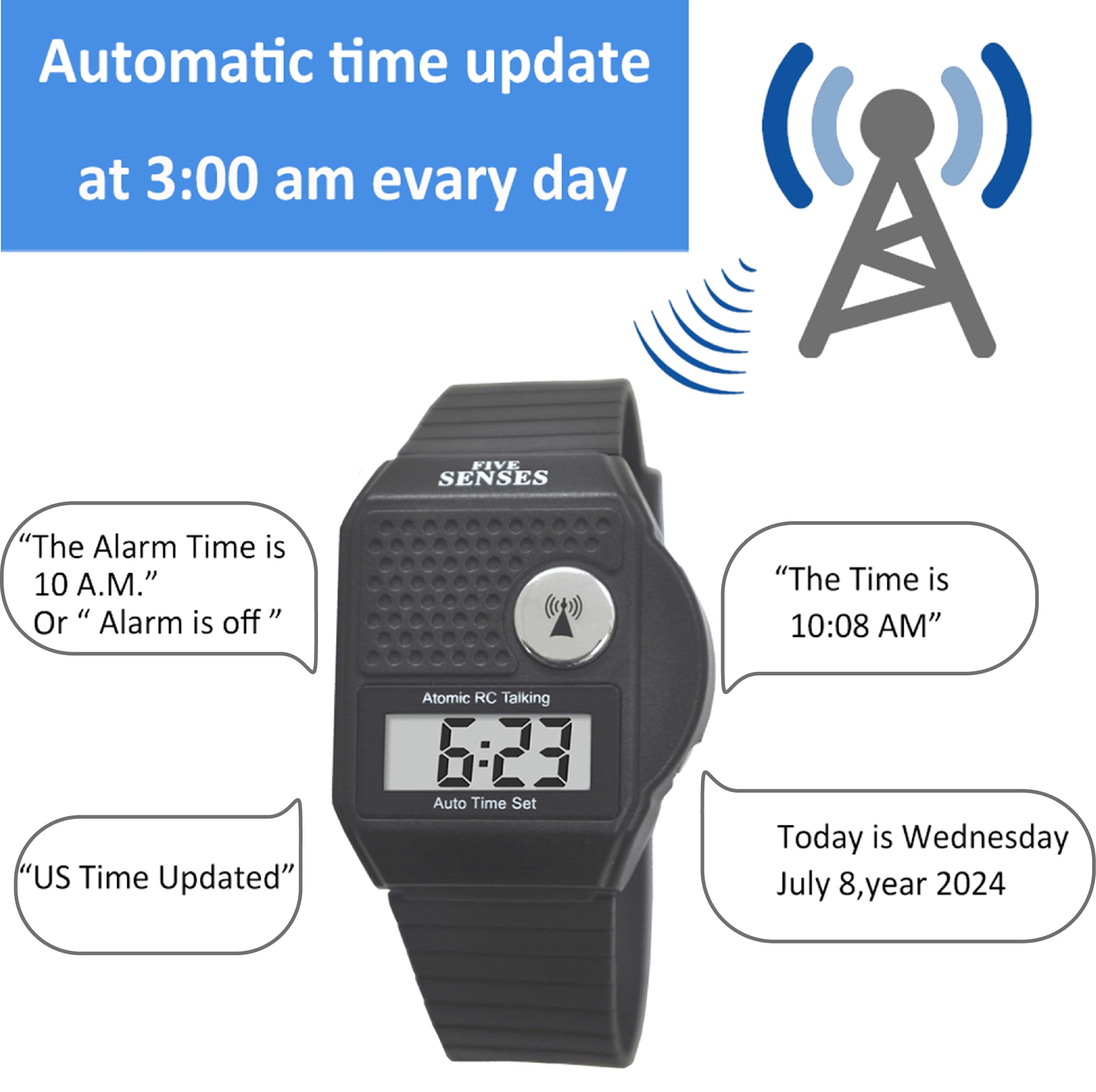 FIVE SENSES - English Atomic Talking Watch, Easy to use for Seniors Blind Men Women, Loud Talking Watch with Sound for Vision Im