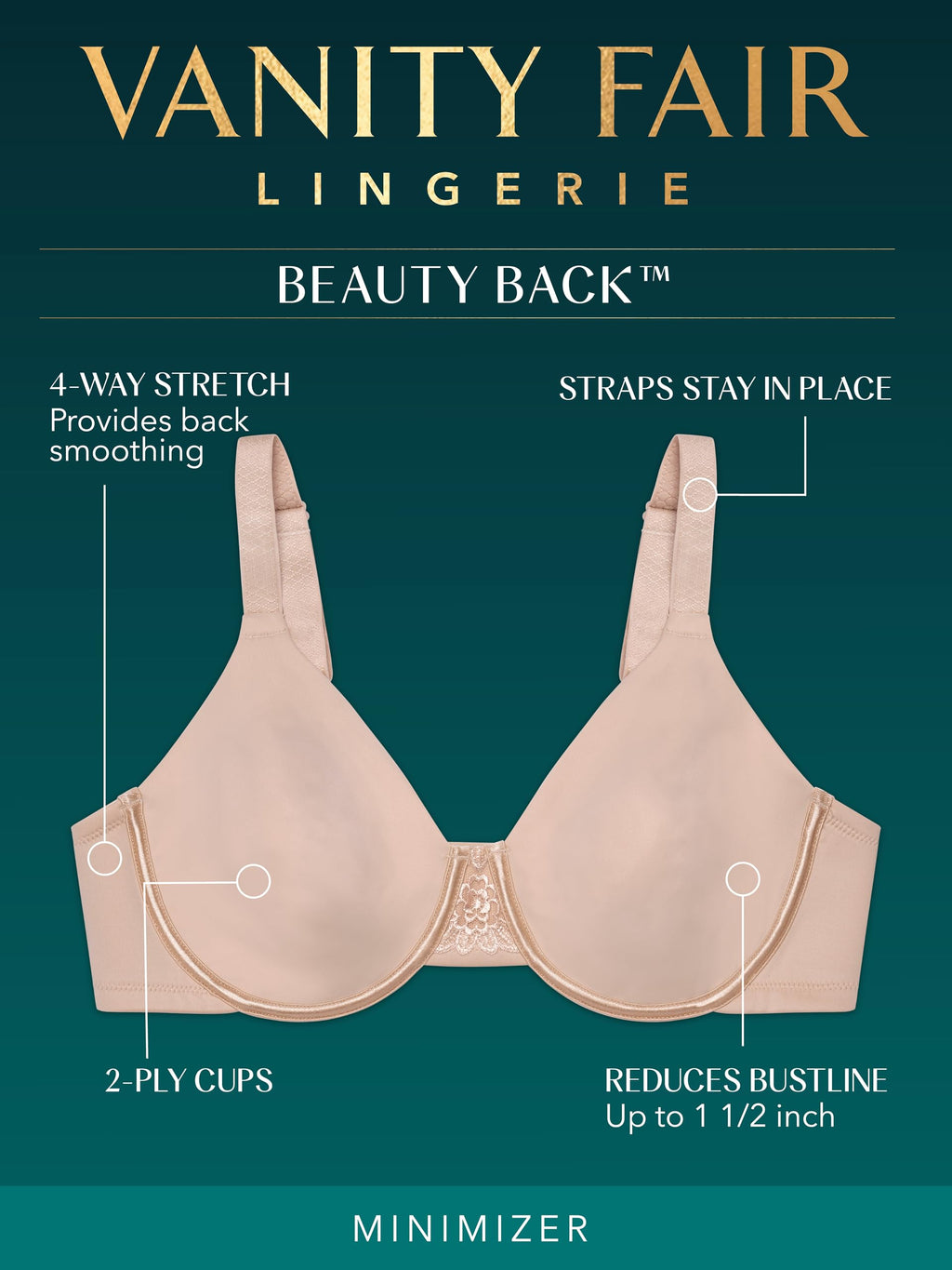 Vanity Fair Womens Beauty Back Smoothing Bra, Bust Line Up To 1.5, Non Padded Cups H Minimizer Bra, Sheer Quartz, 38D US