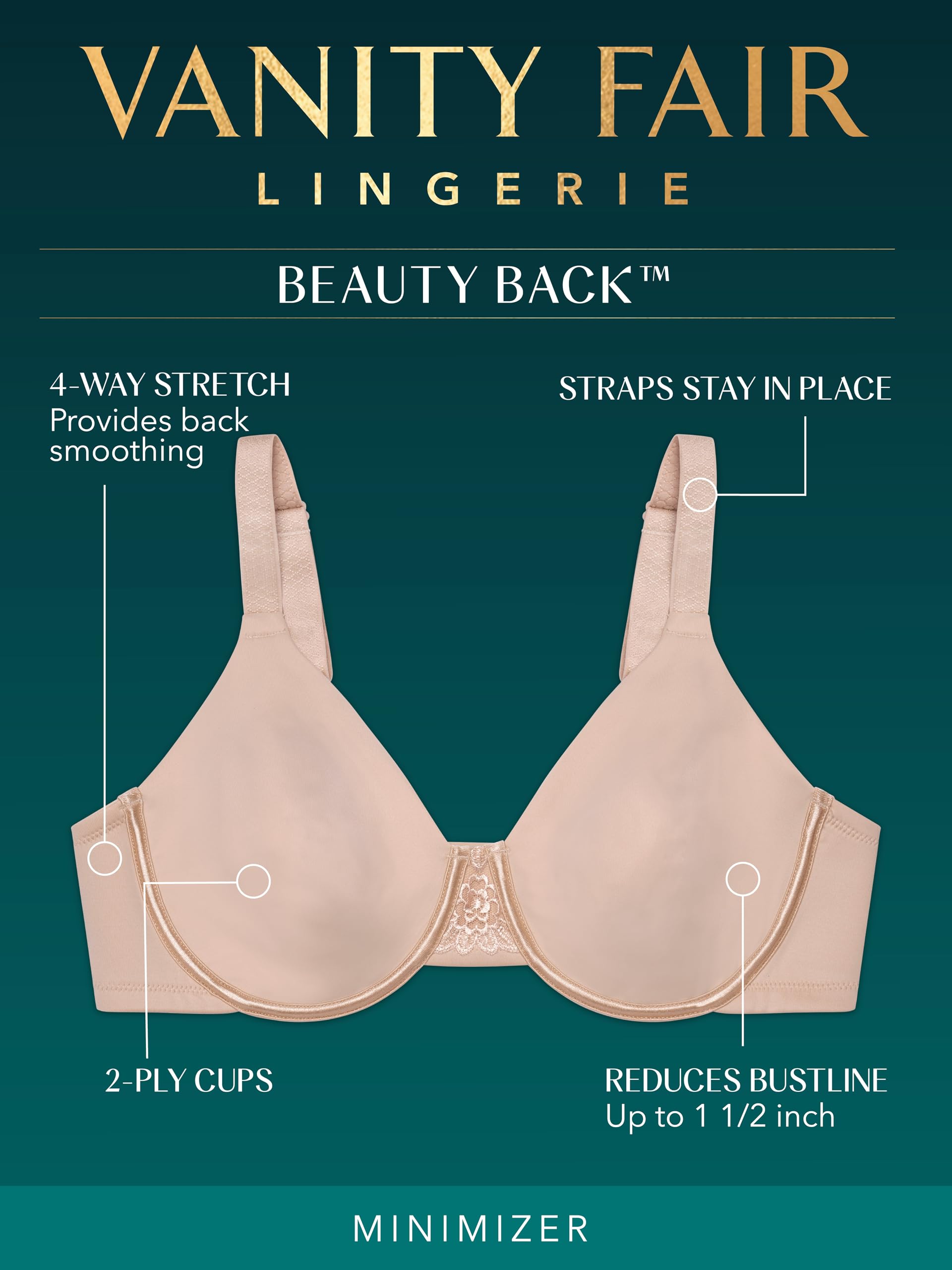 Vanity Fair Womens Beauty Back Smoothing Bra, Bust Line Up To 1.5, Non Padded Cups H Minimizer Bra, Sheer Quartz, 38D US