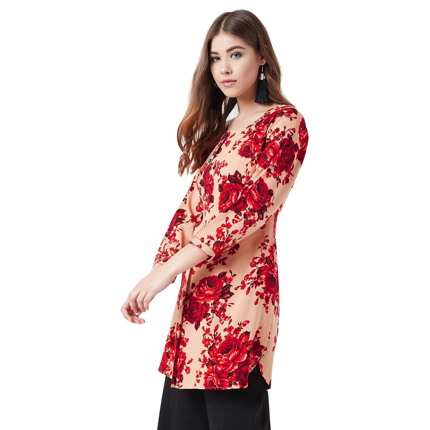 Women Beige & Red Floral Printed Tunic