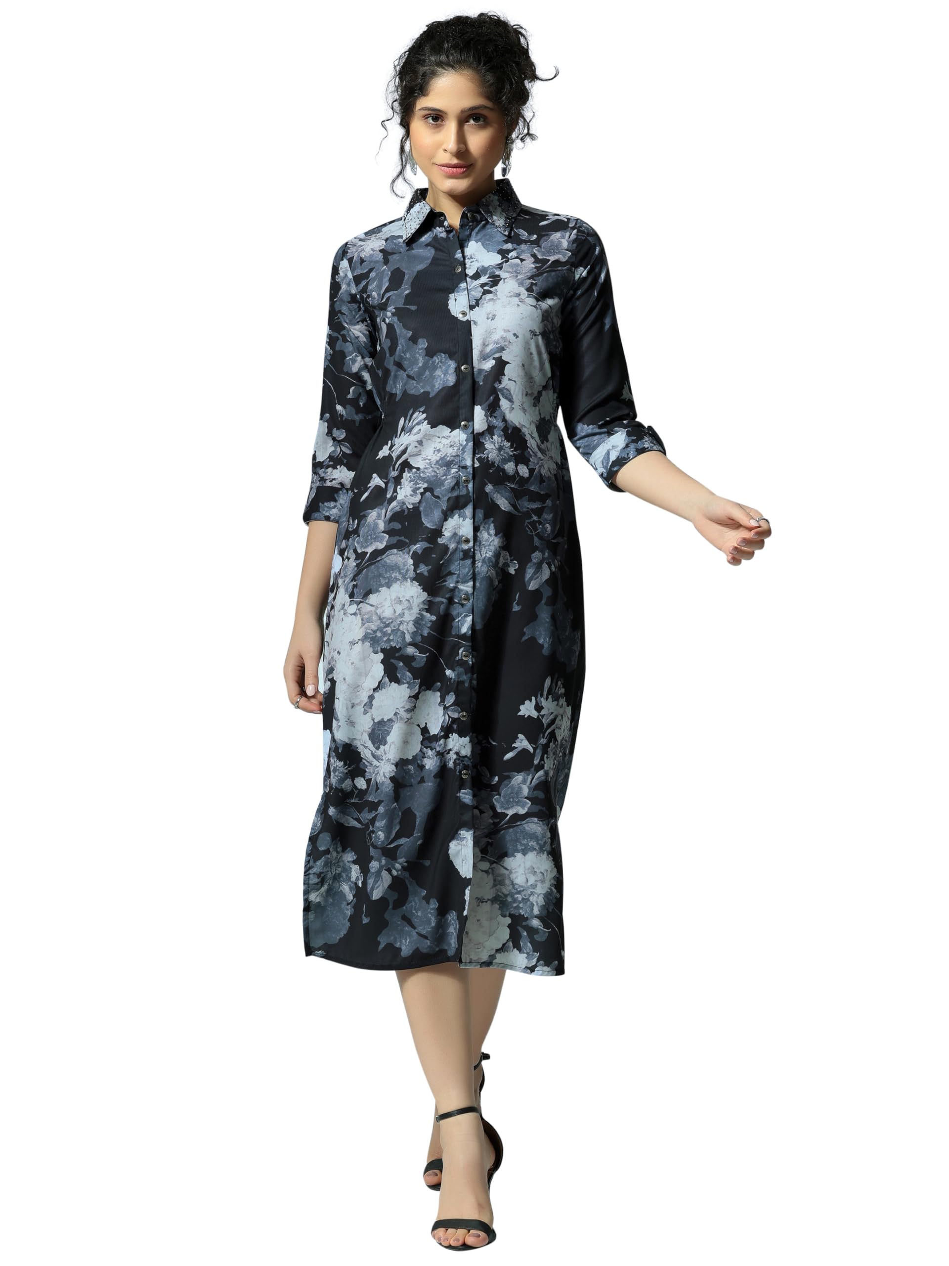 Libas WomenS Crepe Shirt Midi Dress (37192_Black