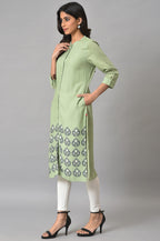 W For Woman Women Viscose Green Printed Mandarin Collar Straight Kurta
